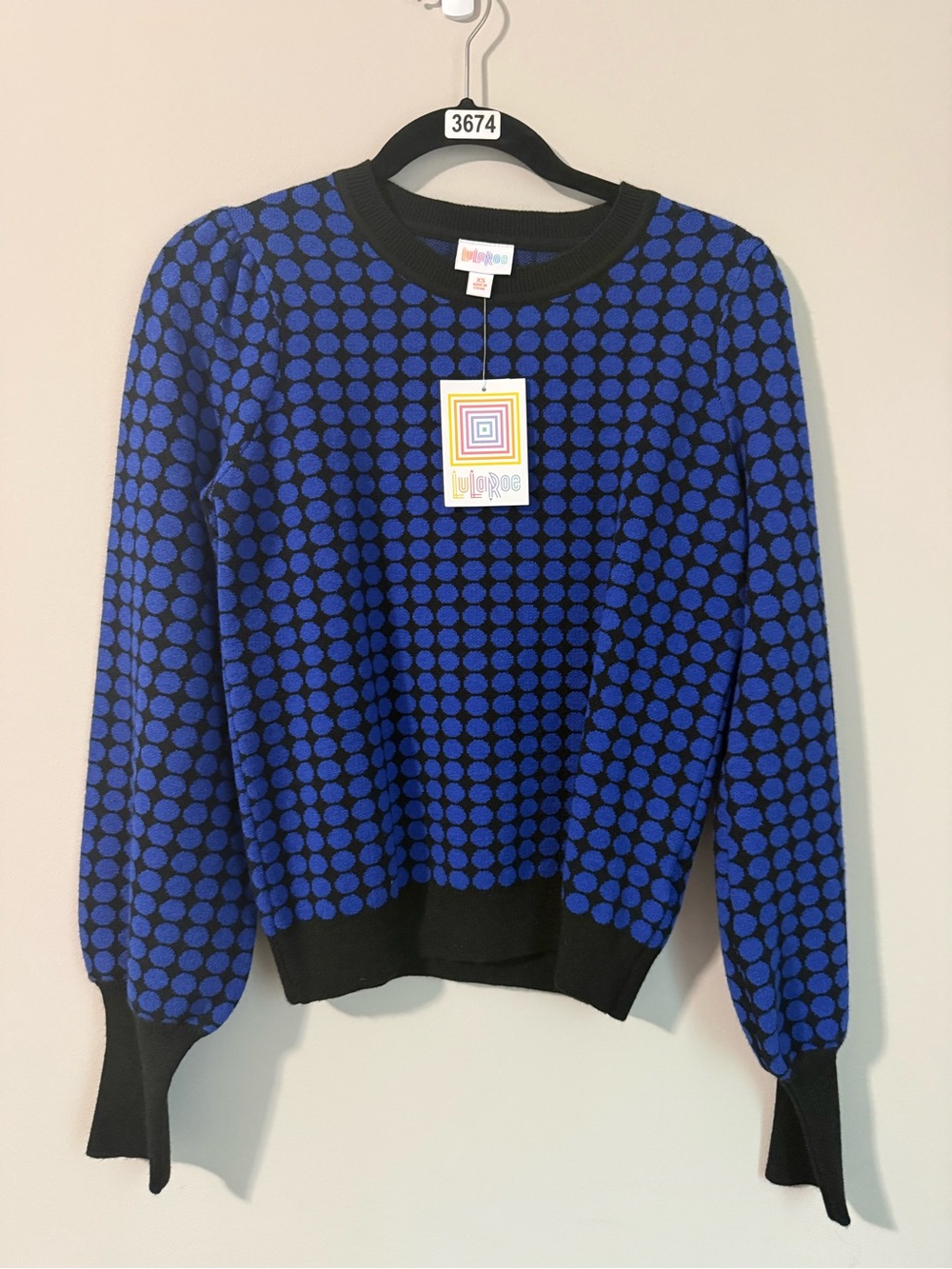 LuLaRoe Black & Blue Polka Dot Crewneck Sweater